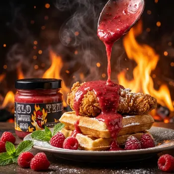 Pohovana pileća krilca servirana sa Zlo Berry Malina voćnim ljutim sosom i svežim malinama.